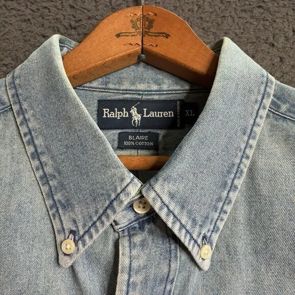 Vintage Polo Ralph Lauren Denim Button Down Shirt Mens XL Red Pony Old Money